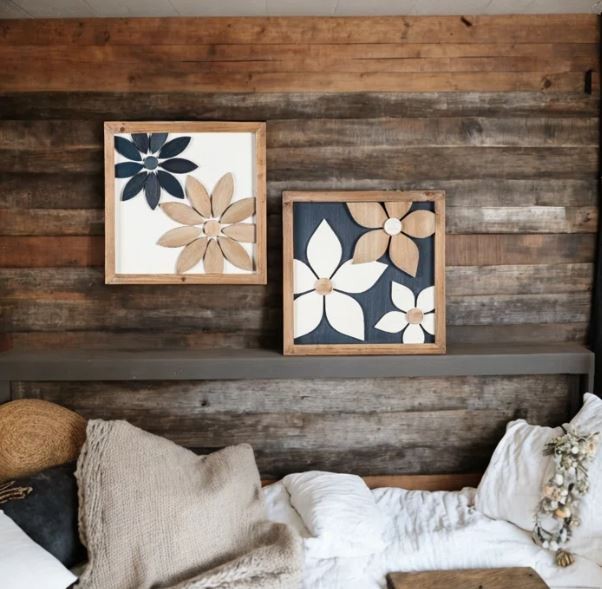 Blue and Brown Flower Wood Wall Decor, 2 Pieces